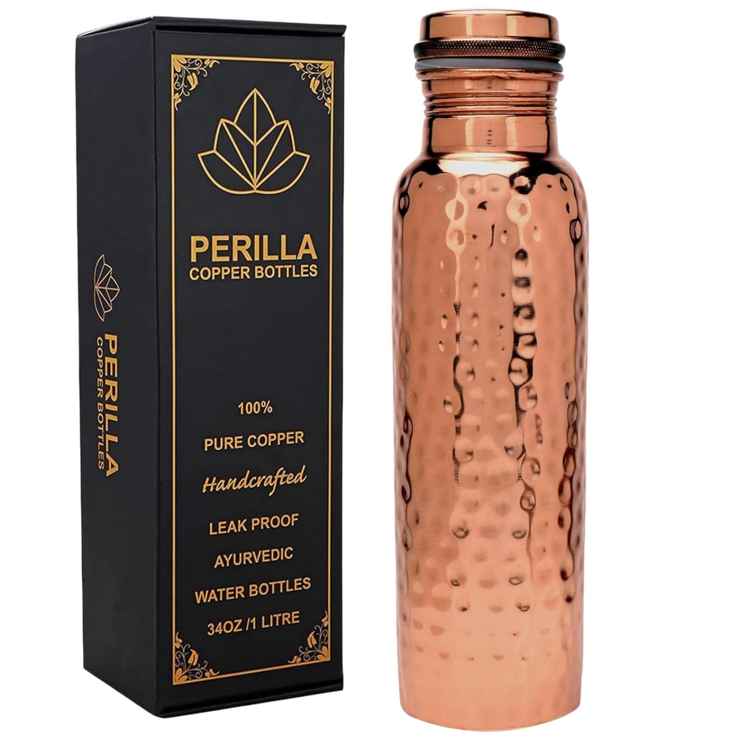 Perilla Home Pure Copper Water Bottle 34 Oz Leak Proof 100% Pure - Ayurvedic Copper Vessel - Drink More Water And Enjoy The Heal