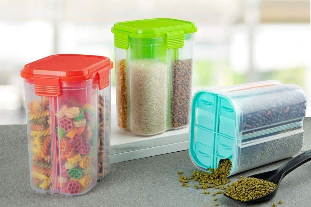 4 Section Space Transparent Food Grain Beans Rice Cereal Storage Container With AirTight Lid For Kitchen (Multicolor)