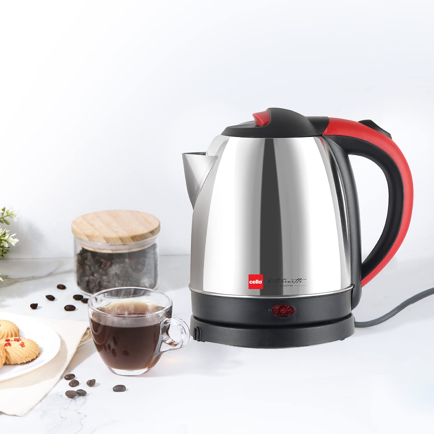 Cello Stainless Steel Quick Boil Primo 1.5 Litre Electric Kettle Watts, Red, 1350 Watt