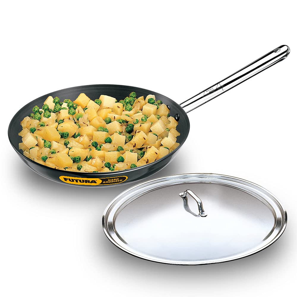 Hawkins Futura 29 Cm Frying Pan, Hard Anodised Fry Pan With Stainless Steel Handle And Stainless Steel Lid, Big Frying Pan, Blac