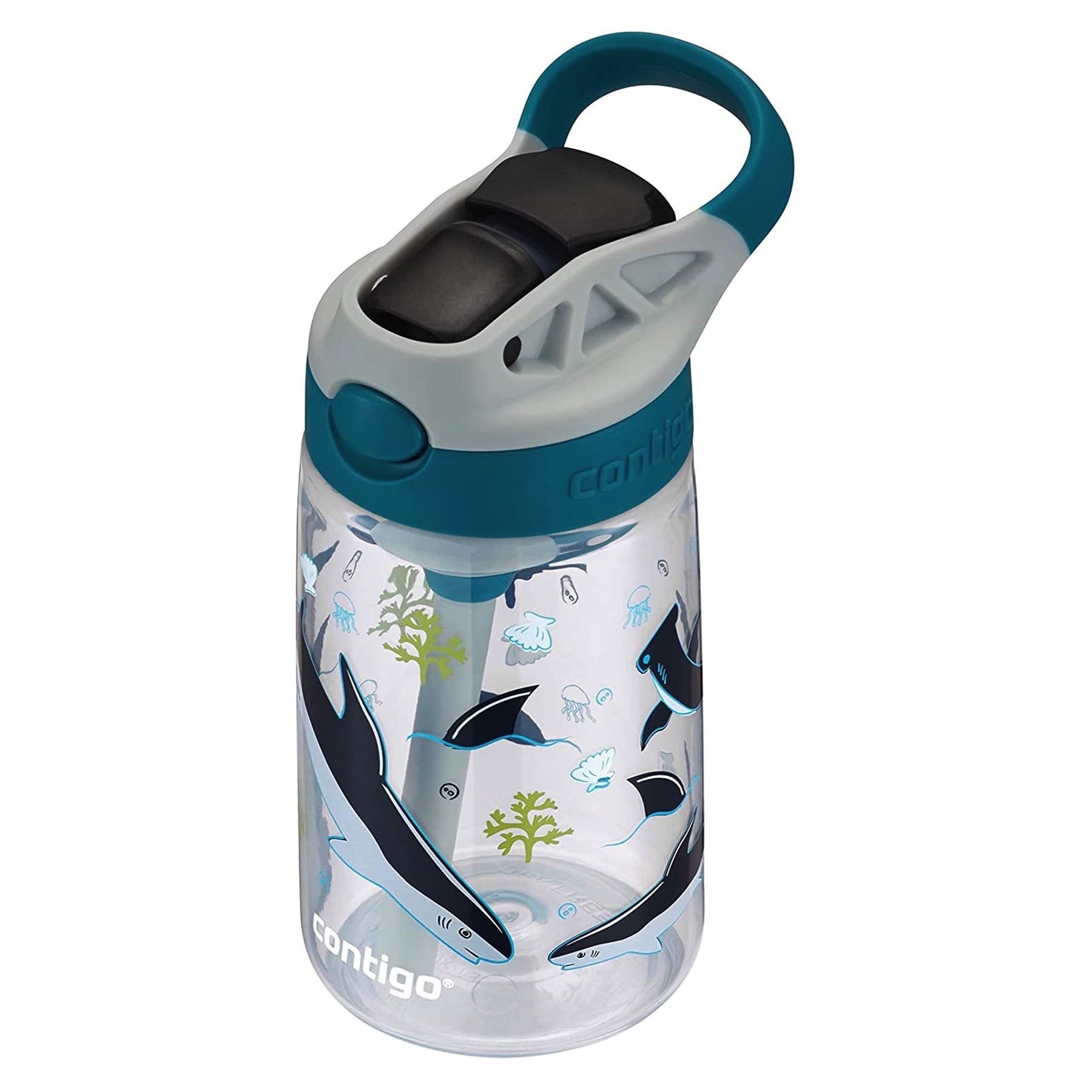 Contigo Kids Straw Water Bottle With Autospout Lid, 14Oz., White Sharks