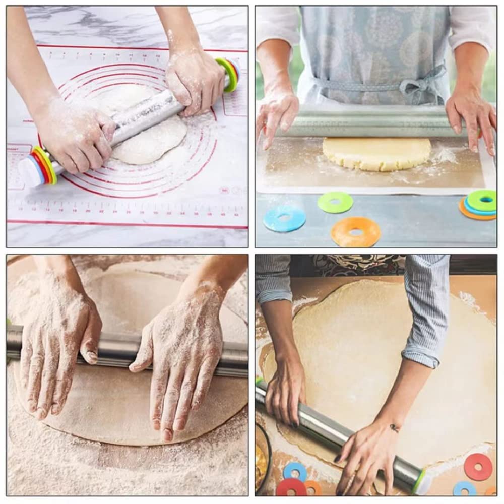 Nasnaioll Rolling Pin And Baking Pastry Mat Set,Stainless Steel Dough Roller,Rolling Pins With Adjustable Thickness Rings,For Ba