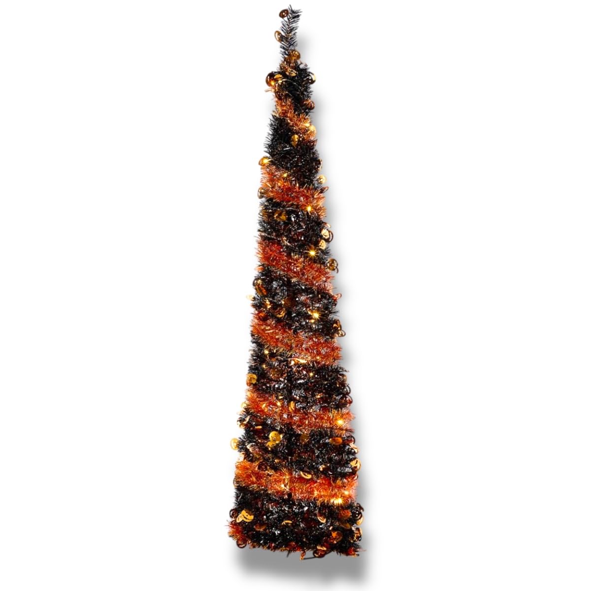 6 ft Pre-lit Pop-Up Halloween Tinsel Tree, with 50 LED Lights, Indoor Outdoor, Collapsible, Summerween, Harvest, Fall (Black and