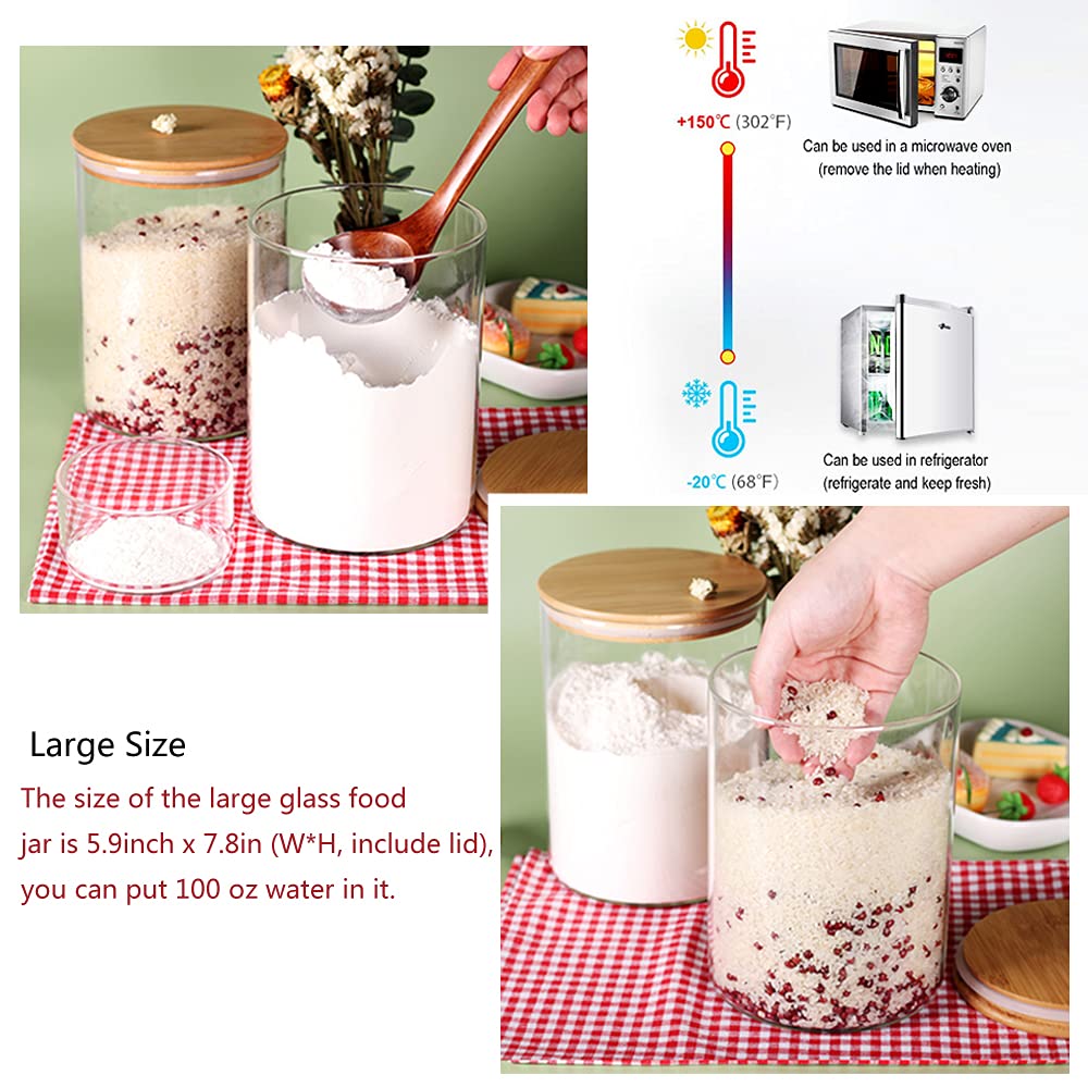 Czfwin Glass Flour Container With Airtight Bamboo Lid, Large Glass Food Jar With Wooden Lid For Storage Flour, Sugar, Cookies, R