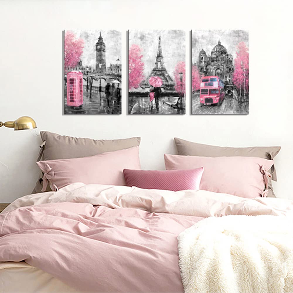 Canvaszon Wall Art For Bedroom Bathroom Pink And Gray Paris Canvas Art Girls Room Decor Paris Theme Rustic Canvas Print Art For