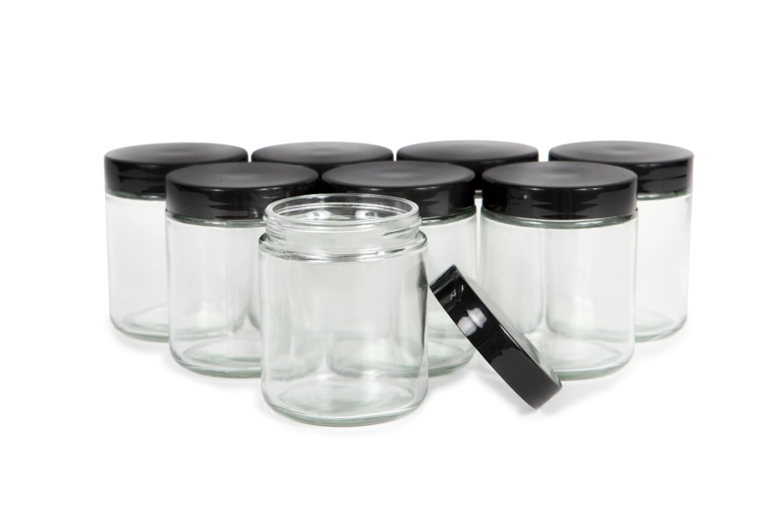 Vivaplex, Clear, 8 Ounce, Round Glass Jars, With Black Lids - 8 Pack