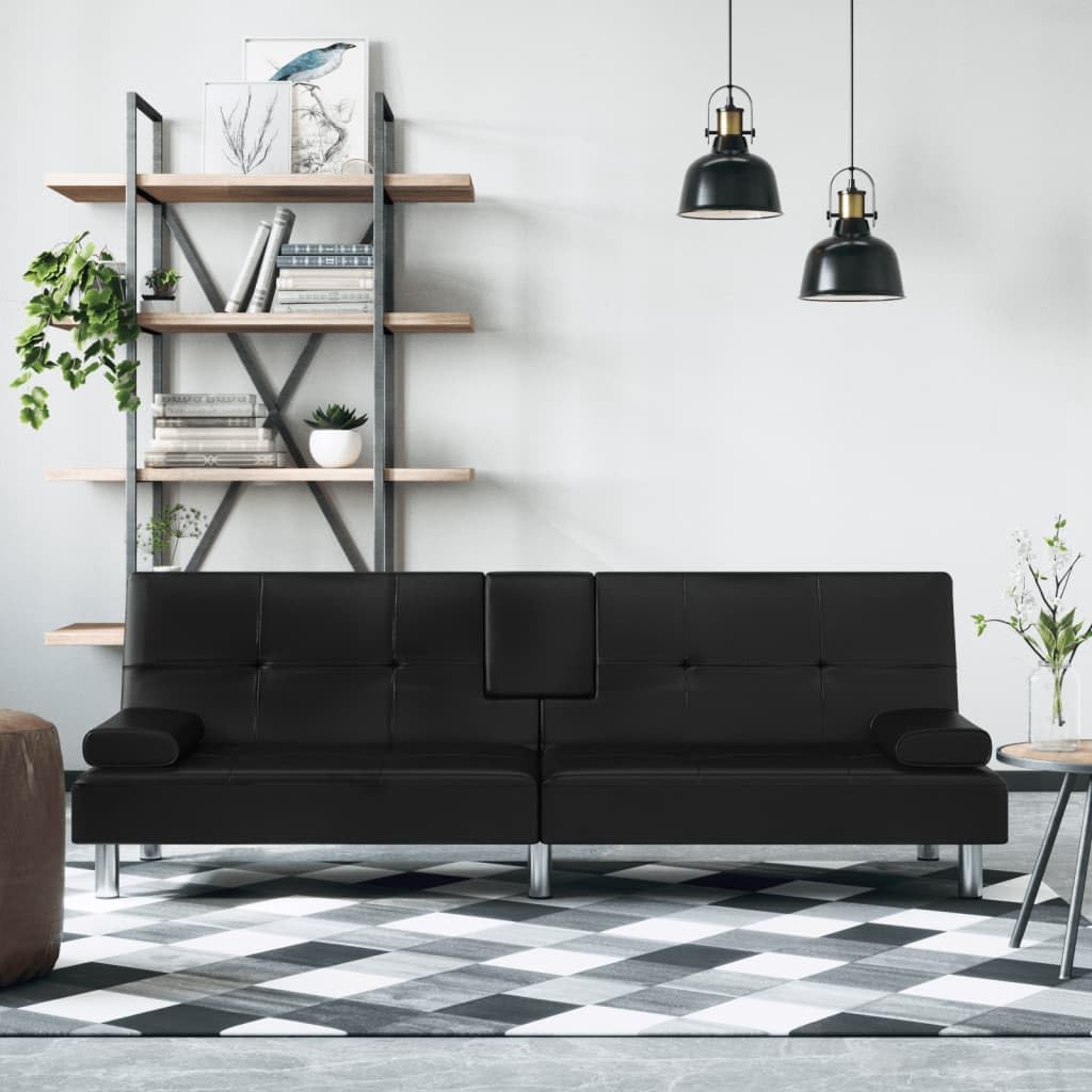 vidaXL Modern Sleeper Sofa | Stylish Black Faux Leather Sofa Bed with Cup Holders | Convertible Couch Bed Comfortable Seating-Like New Condition