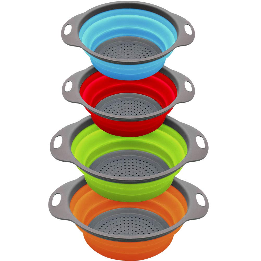 Qimh Collapsible Colander And Strainer Set Of 4, 2 Pc 4 Quart(1 Gal) And 2 Pc 2 Quart(0.5 Gal), Food-Grade Sturdy Plastic Base -