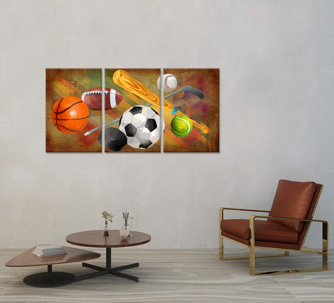 Zlove 3 Pieces Sports Canvas Wall Art Rustic Soccer Football Baseball Basketball Sports Themed Artwork For Home Kids Room Decor