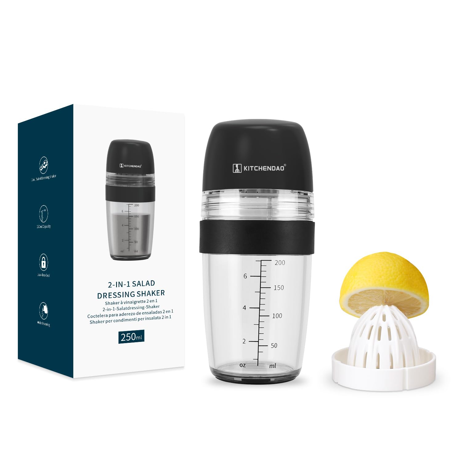 Kitchendao 2 In 1 Salad Dressing Shaker Container With Juicer, Pour Spout, Leakproof, Soft Grip, Dishwasher Safe, Homemade Oil A