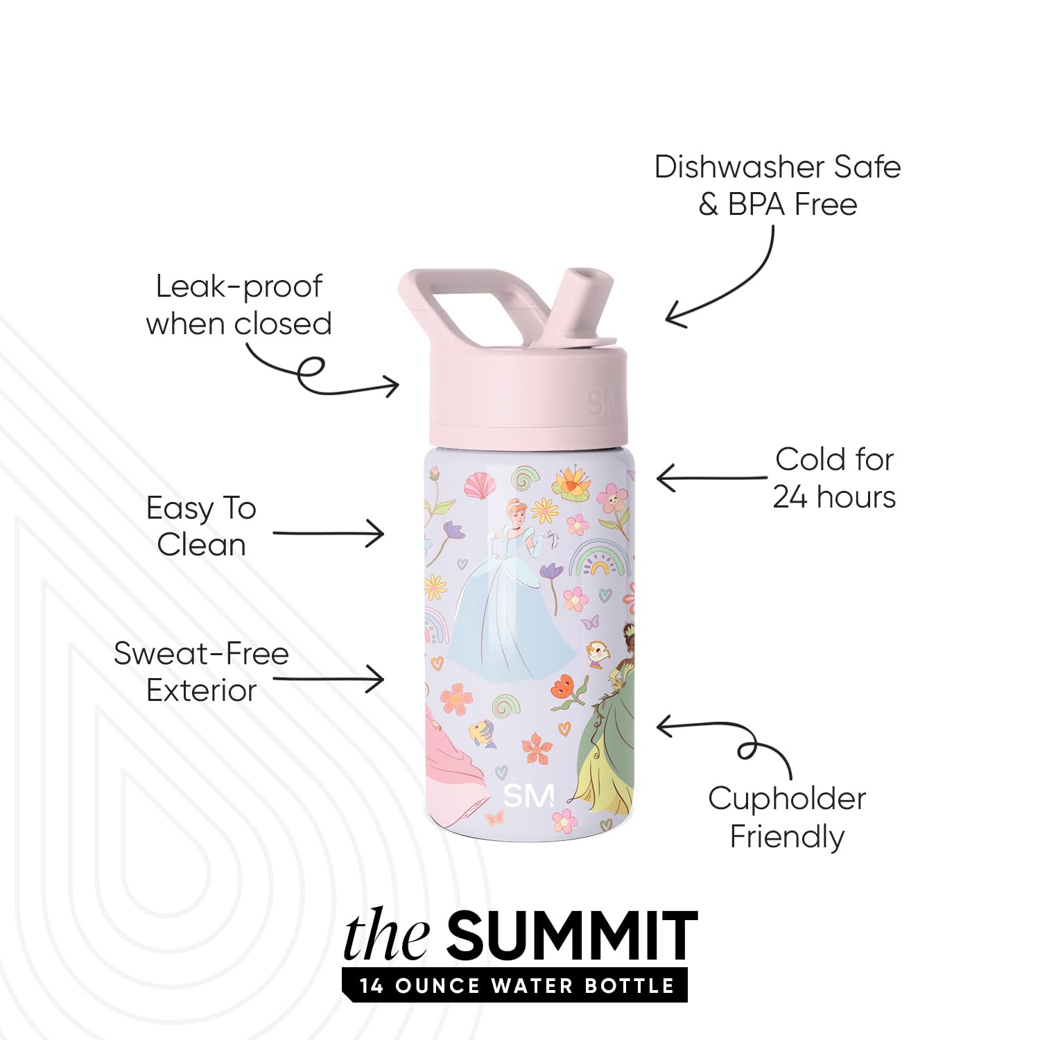 Simple Modern Kids Summit Water Bottle with Straw Lid | Disney 14oz Stainless Steel Cup Insulated Tumbler for Girls, School | Pr