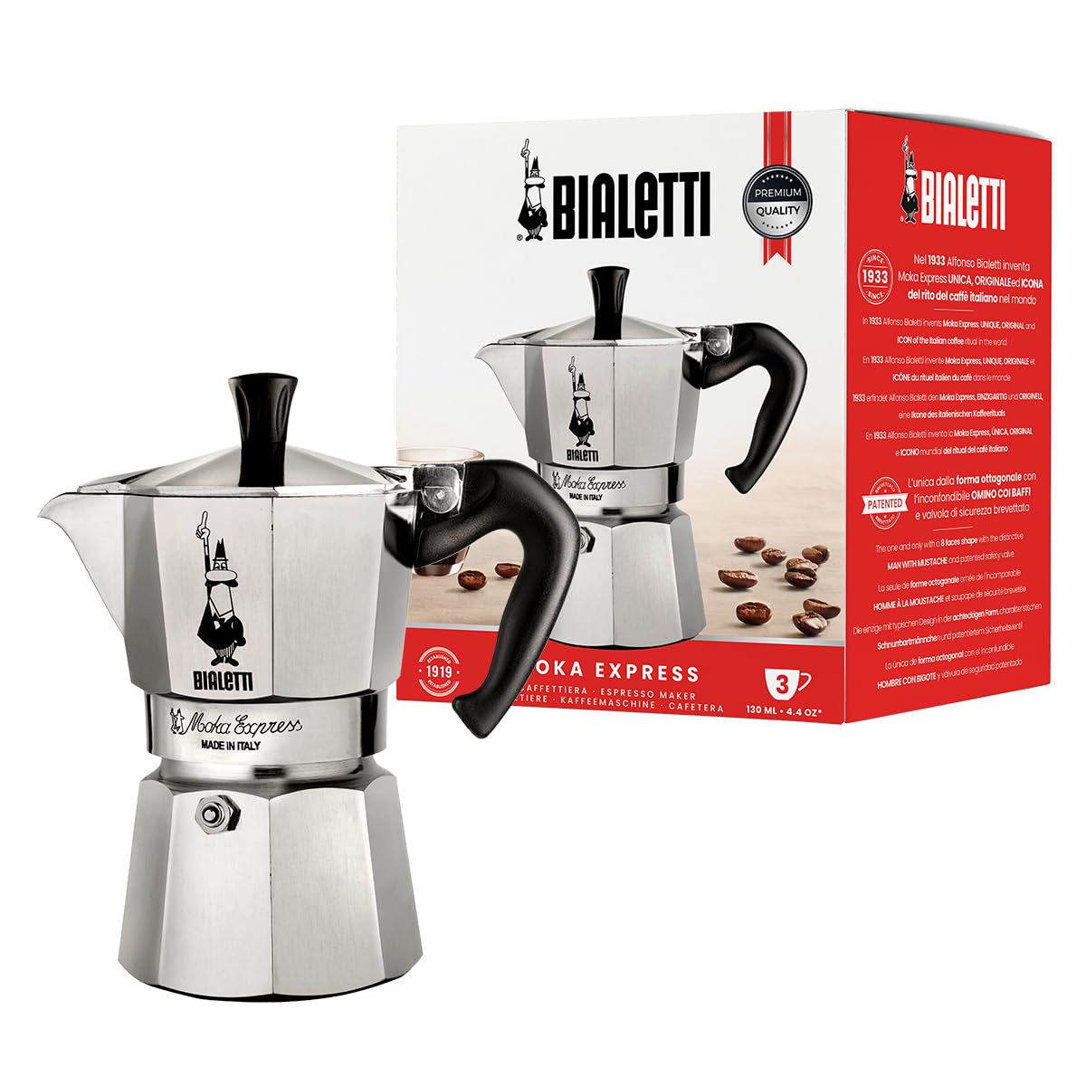 Bialetti - Moka Express: Iconic Stovetop Espresso Maker, Makes Real Italian Coffee, Moka Pot 3 Cups (4.4 Oz - 130 Ml), Aluminium