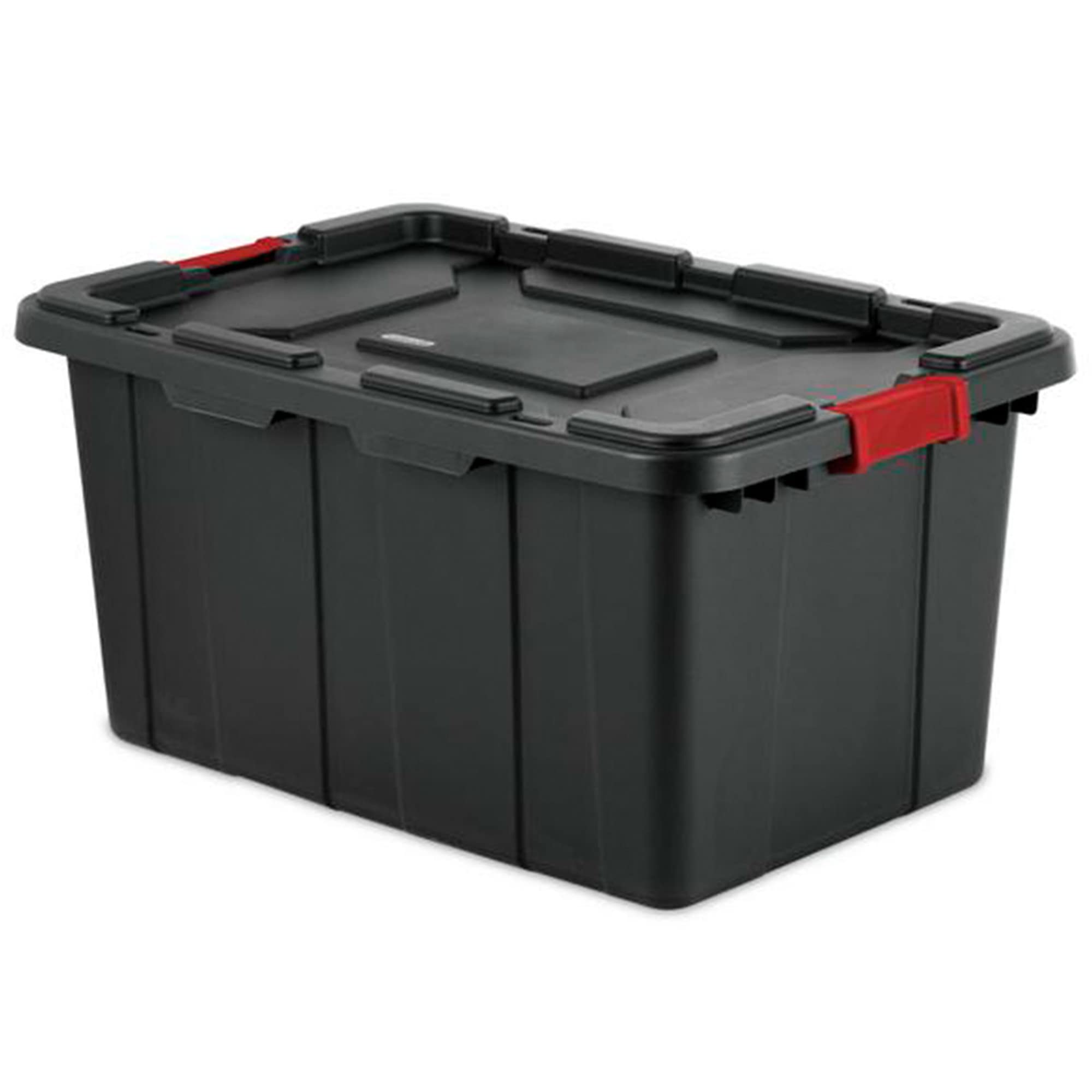 Sterilite 15 Gal Industrial Tote, Stackable Storage Bin With Latching Lid, Plastic Container With Heavy Duty Latches, Black Base