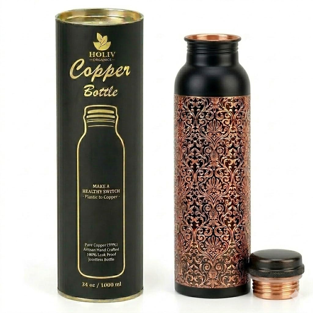 HOLIV ORGANICS 100% Pure Copper Water Bottle - 34oz Floral Antique Engraved Vessel - Artisan Handcrafted Indian Design - Vintage