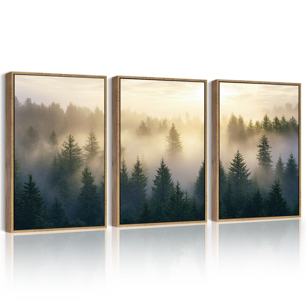 Phopago Misty Nordic Forests Framed Wall Art Nature Fog Pine Tree Morden Paints Home Decor For Bedroom Kitchen - 11X14In Natural