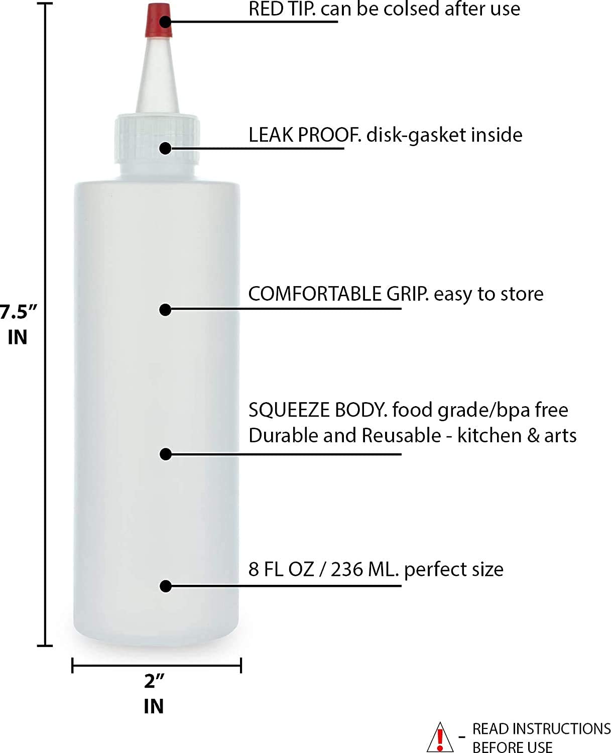Condiment Squeeze Bottles  8 OZ Empty Squirt Bottle  Red Top Cap  Leak Proof - for Ketchup  Mustard  Syrup  Sauces  Dressing  Oil  Arts & Crafts  BPA FREE Plastic - Perfect for Kitchen - 1 PACK