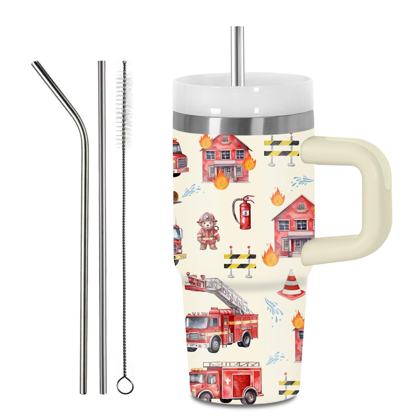 Hiboss Fire Truck Tumbler With Handle Straw For Kids 14Oz, Insulated Stainless Steel Firefighter Cup For Boys, Birthday Gifts Fo