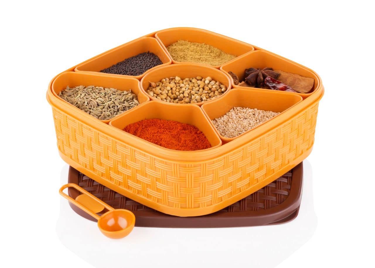 Rilion Plastic Square 7 Sections Multipurpose Masala Rangoli Dabba Box Set, Spice Box Set  Brown (Masala Box  7 In 1)