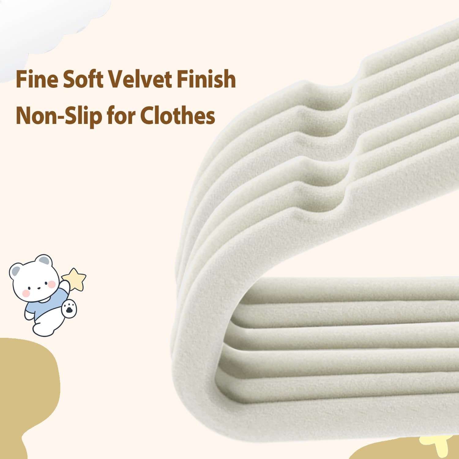 Wellong Baby Velvet Hangers, 11 Inches Kids Clothes Hangers, Non-Slip Childrens Hangers For Infant And Toddler 16 Pack Cream