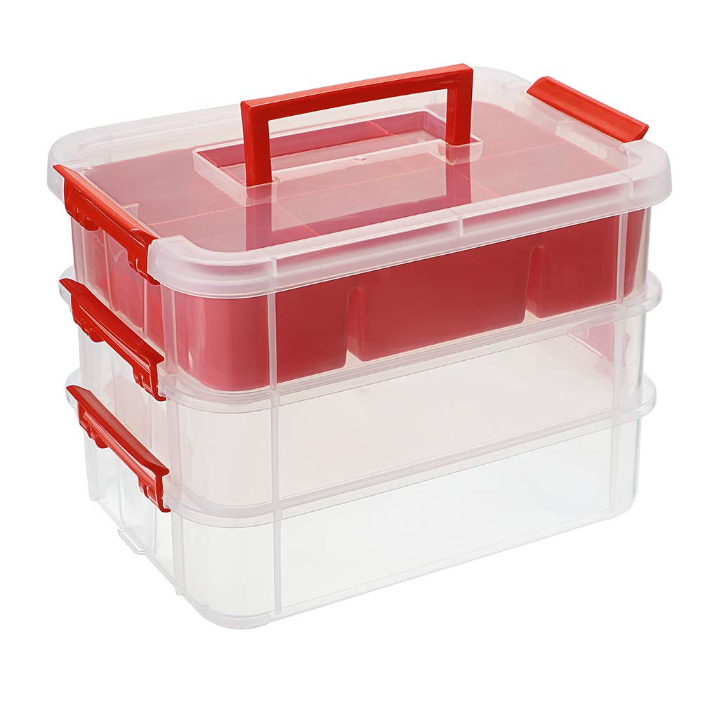 Juxyes 3-Tiers Stack Carry Storage Box With Divided Tray, Transparent Stackable Storage Bin With Handle Lid Latching Storage Con