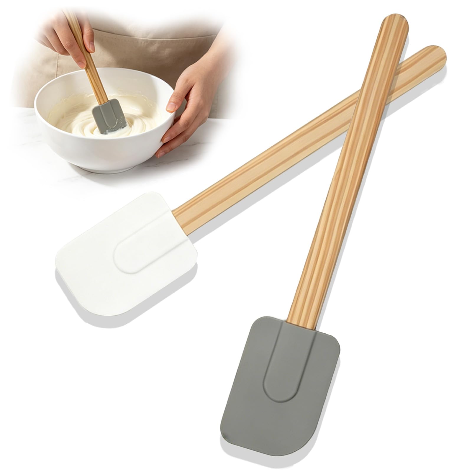 Pjsrsdaee 2Pack Silicone Spatula Set, Cream Scraper with Bamboo Handle, Heat Resistant Flexible Spatula for Baking, Mixing and 
