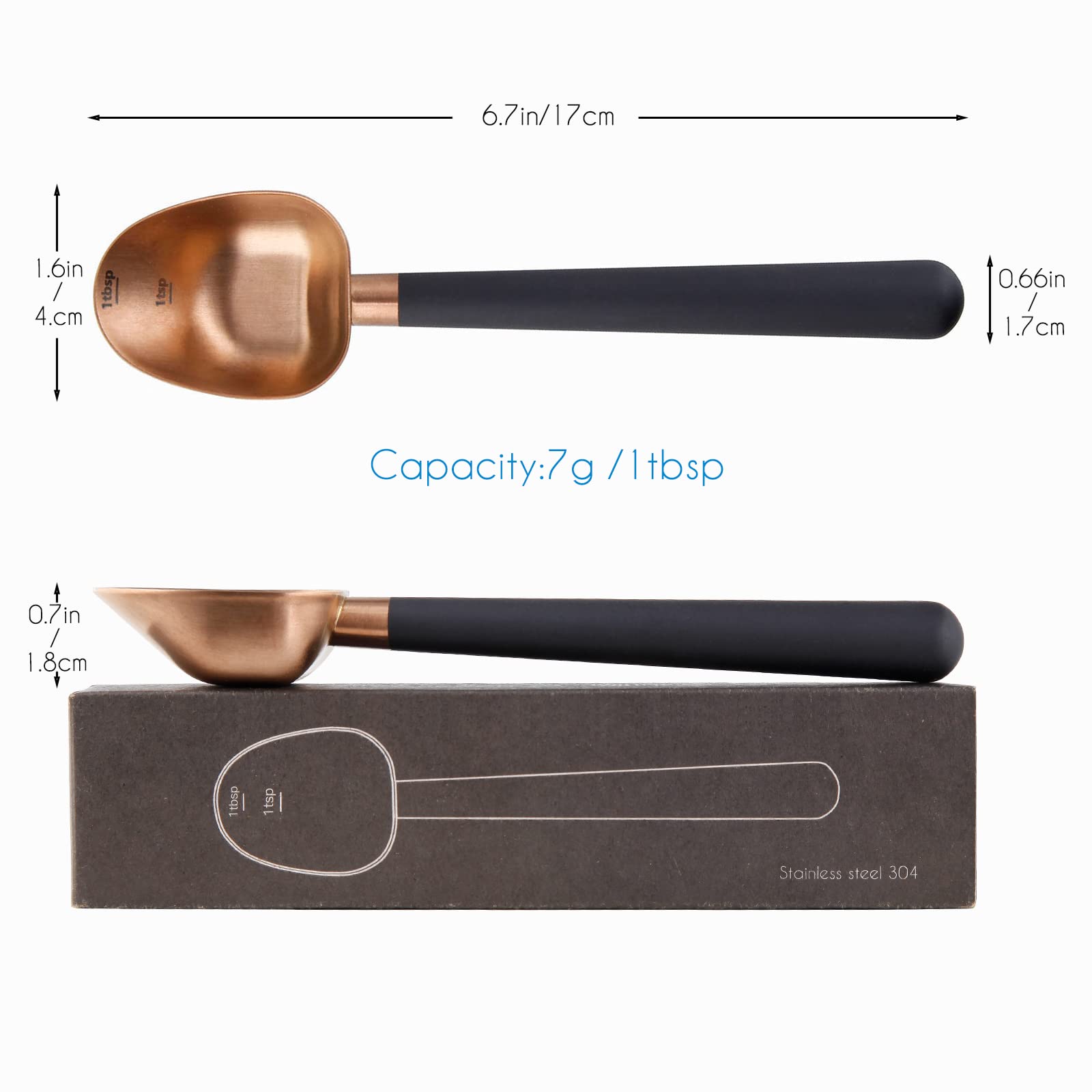 Easyworkz Stainless Steel Long Hollow Handle Coffee Scoop,7G Measuring Spoon For Ground Coffee And Loose Leaf Tea, Rose Gold-Bla