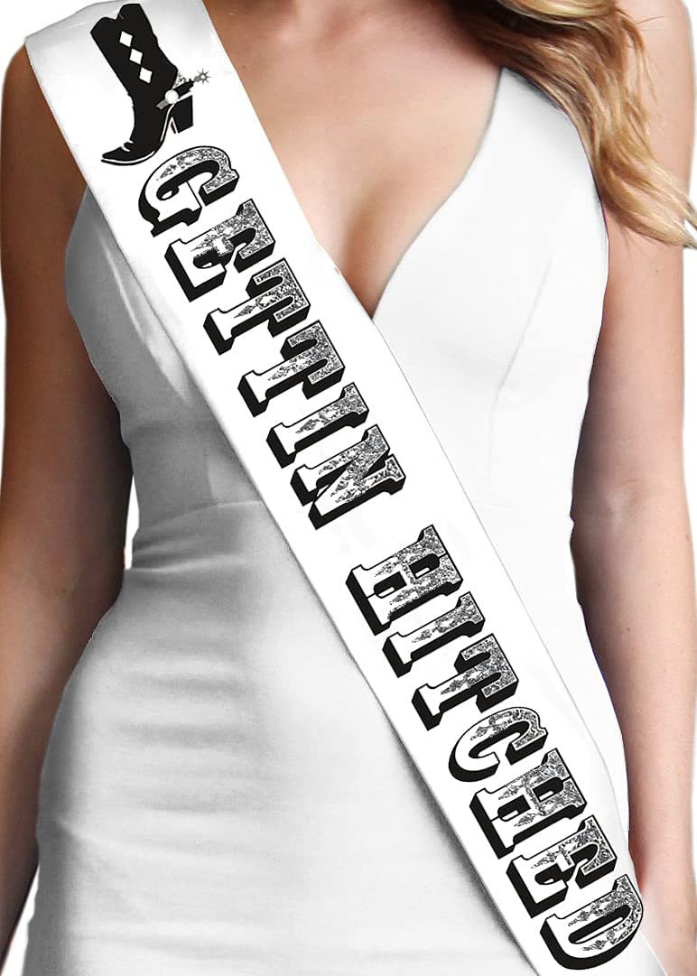 Country Bride Sash - Bridal Grade Satin Cowgirl Bachelorette Party Sash - Gettin Hitched Silver Sparkle Sash For Bride - Nashvil