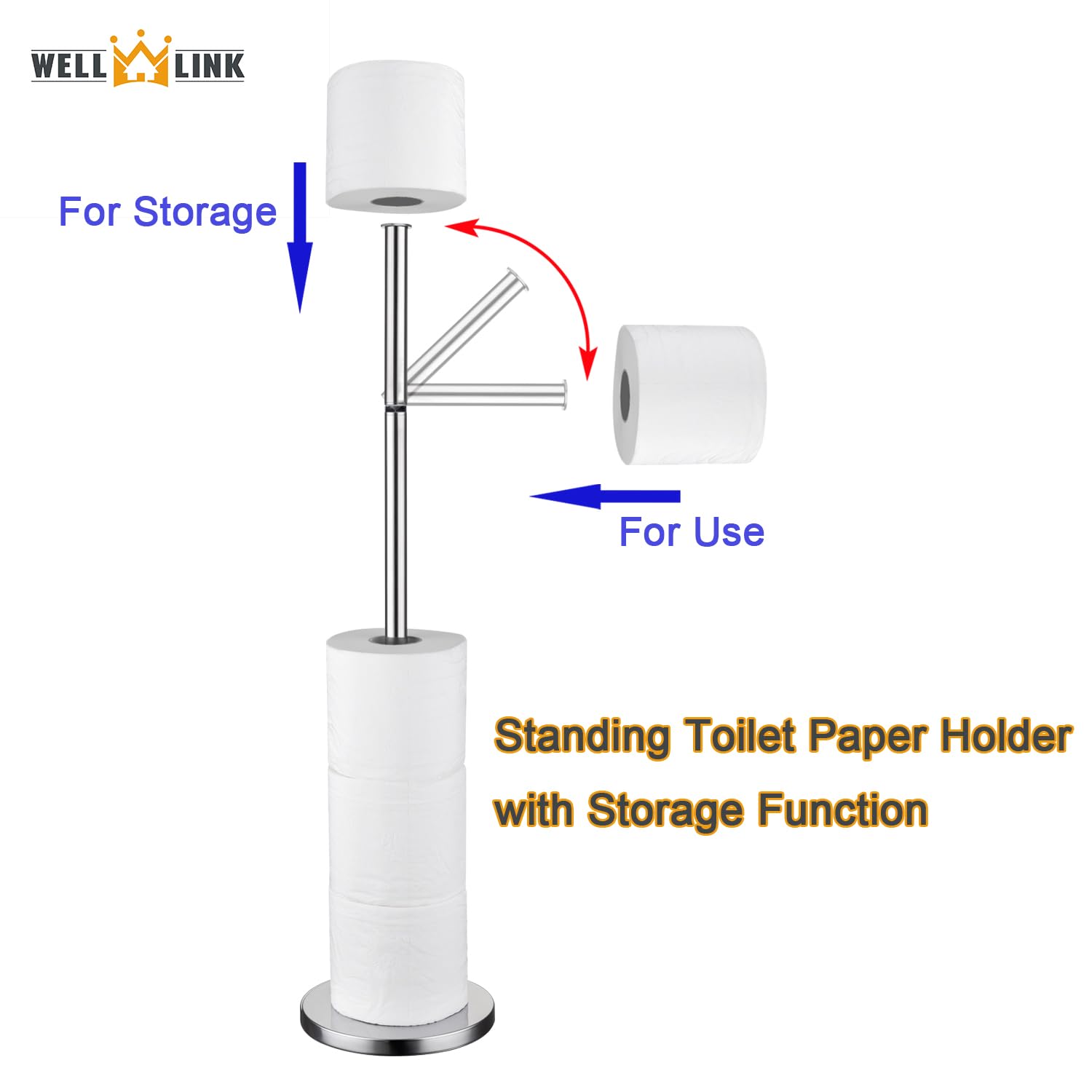 Welllink Toilet Paper Holder Stand, Floor Standing With Heavy Weighted Base - Holds 4 Rolls, Polished Chrome Bathroom Tissue Org