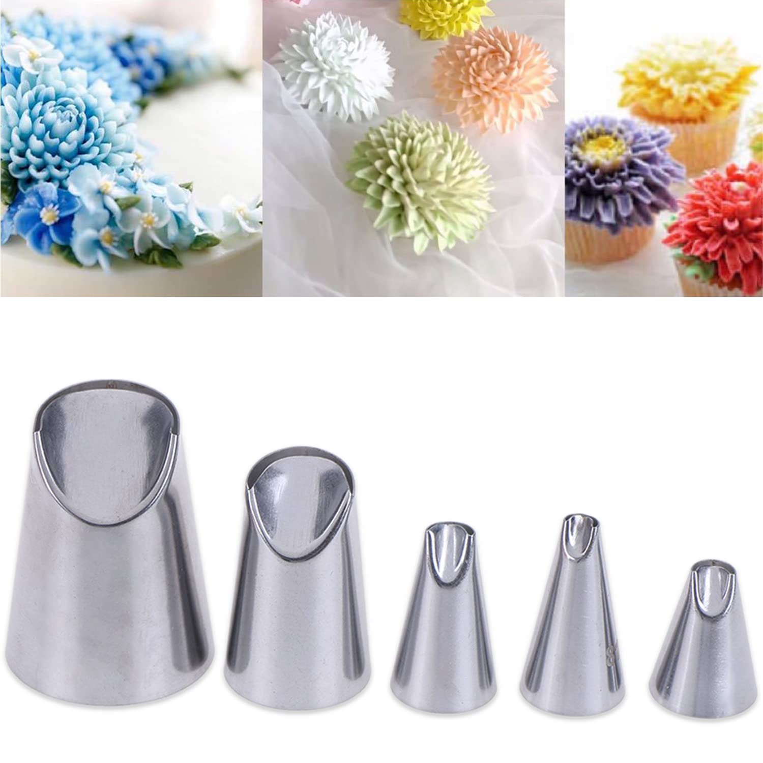 Suuker 5Pcs Rose Flower Piping Tips Set,Stainless Steel Chrysanthemum Crinkle Cream Laminating Nozzles, Cupcake Pastry Tool For