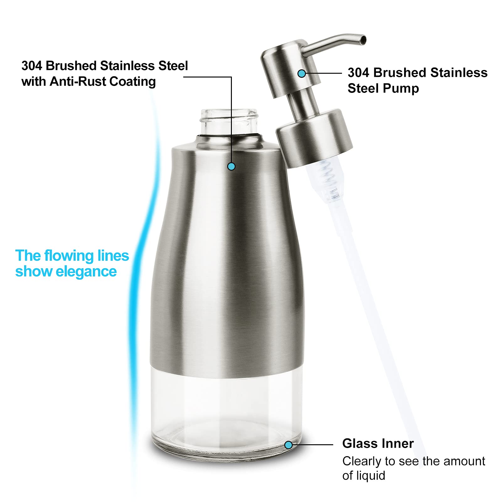 Aumio Dish Soap Dispenser With Stickers, Kitchen Soap Dispenser Brushed Nickel Stainless Steel And Glass Combined, Refillable Li