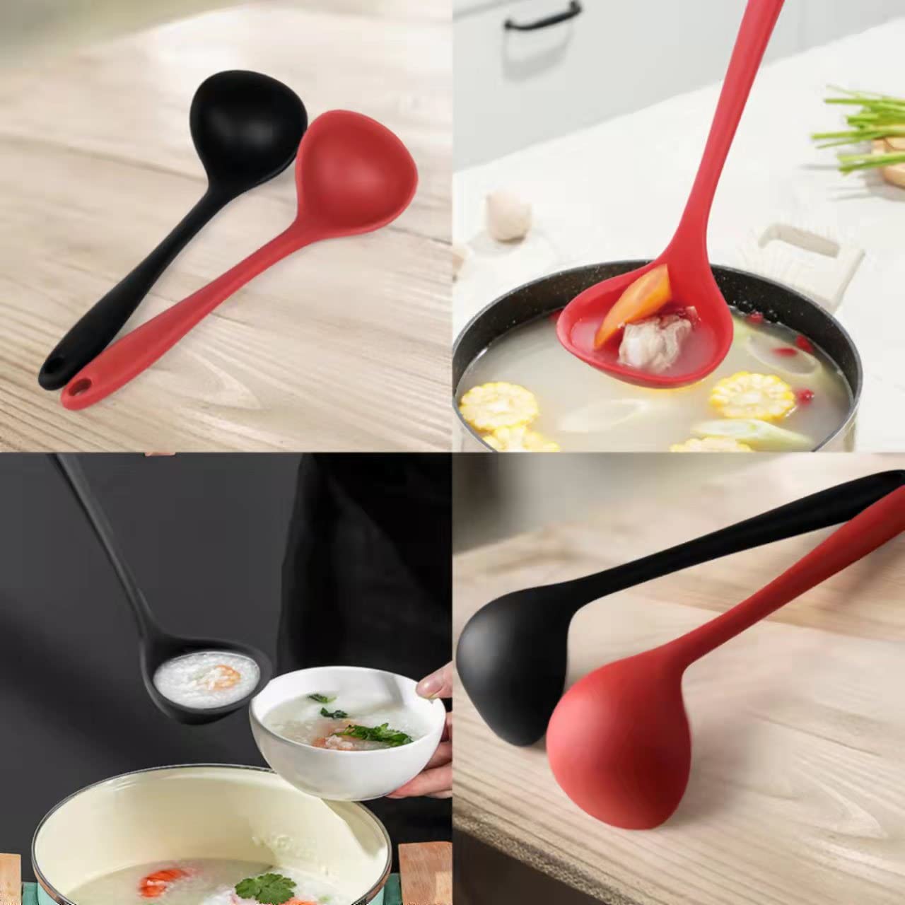Armrouns 12'' Silicone Ladle Spoon Set Of 2, Long Handle Soup Spoons Seamless & Nonstick, Heat Resistant 600 F Kitchen Soup Ladl