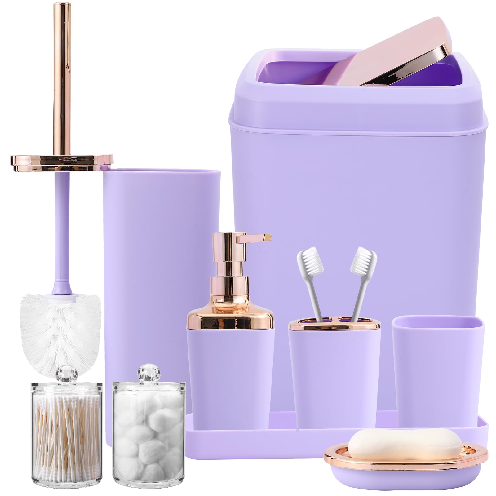 9-Piece Purple Bathroom Accessories Set, Purple Bathroom Accessories Sets Complete With Trash Can,Tray,Soap Dispenser,Toothbrush