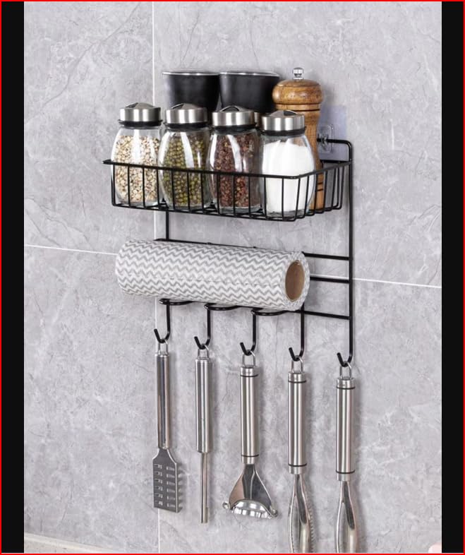 ZURATO Multipurpose Kitchen Accessories Iron Organizer Rack, Wall Hanging Bathroom Shelves with Hooks, Tissue Holder Storage Rac