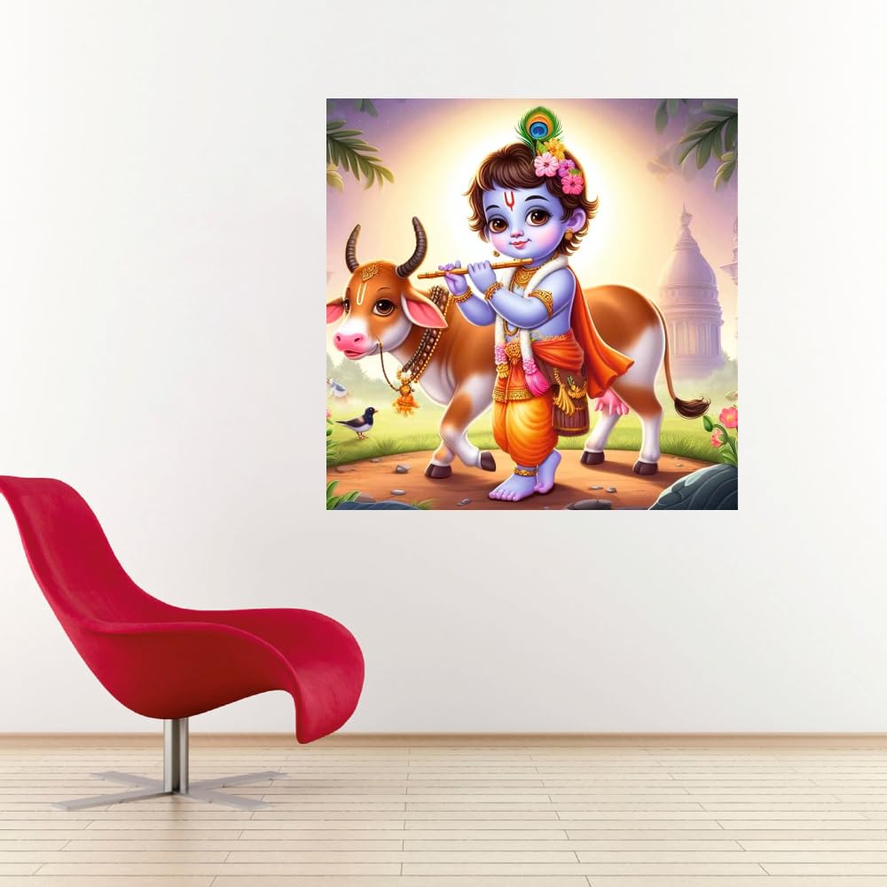 Akki Wold Little Krishna Bashuri and Cow Wall Poster for Livng Room, Kids Room, Office (Size - 46CM X 46CM)
