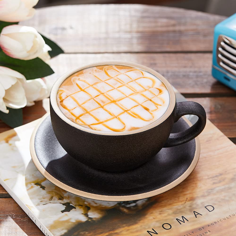 Coffeezone Vintage Design 12 Oz Ceramic Latte Art Cappuccino Barista Cup With Saucer (Rough Black)