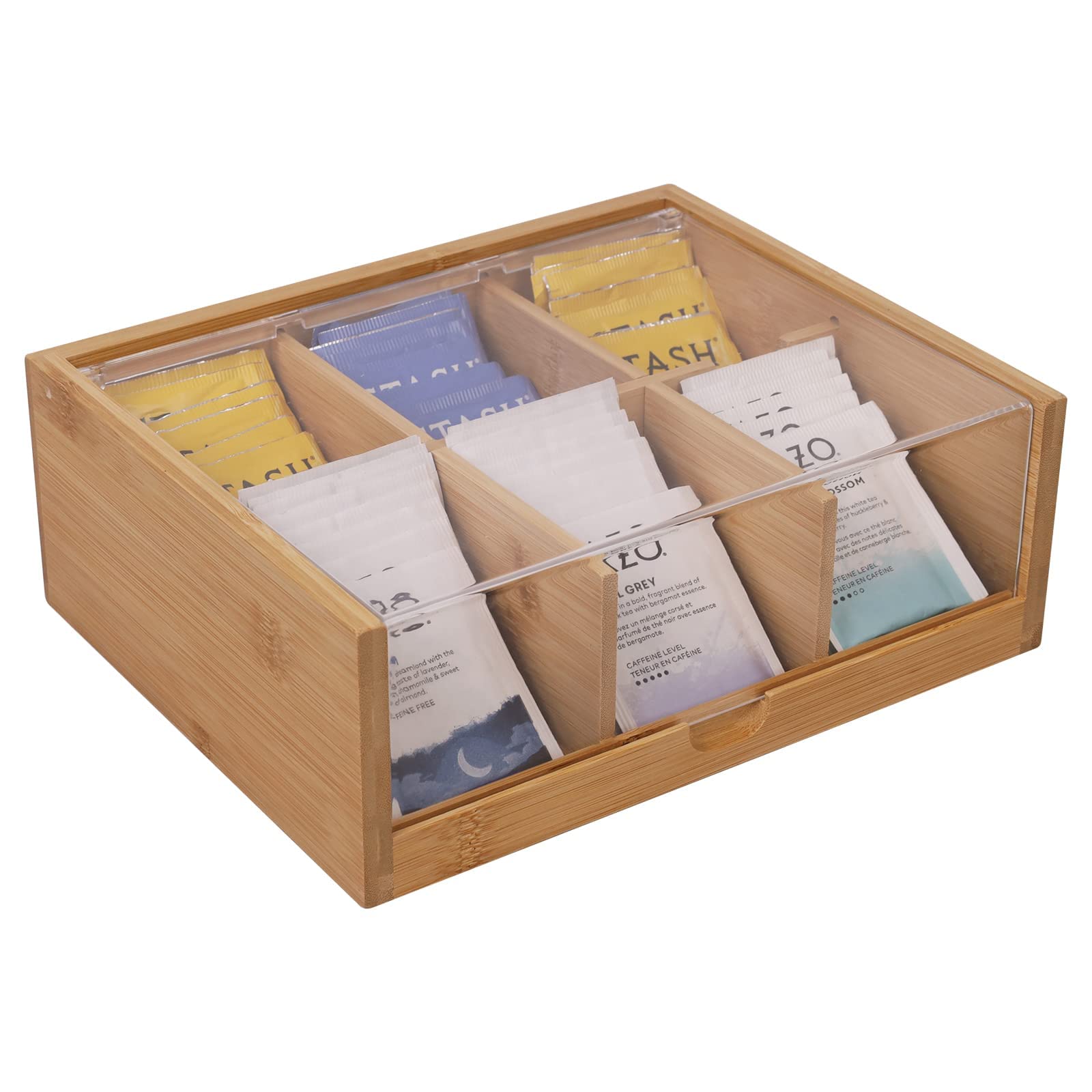 Htb Tea Bag Organizer 6 Compartments Gift Box Bamboo Tea Organizer For Tea Bags With Acrylic Transparent Hinged Lid