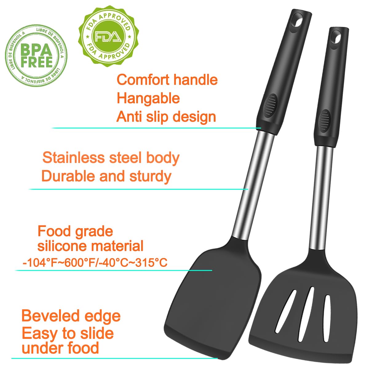 Klaqqed 5Pcs Silicone Spatula Heat Resistant Long Large Spatulas Set For Nonstick Cookware, Rubber Pancake Fish Turner Spatula F
