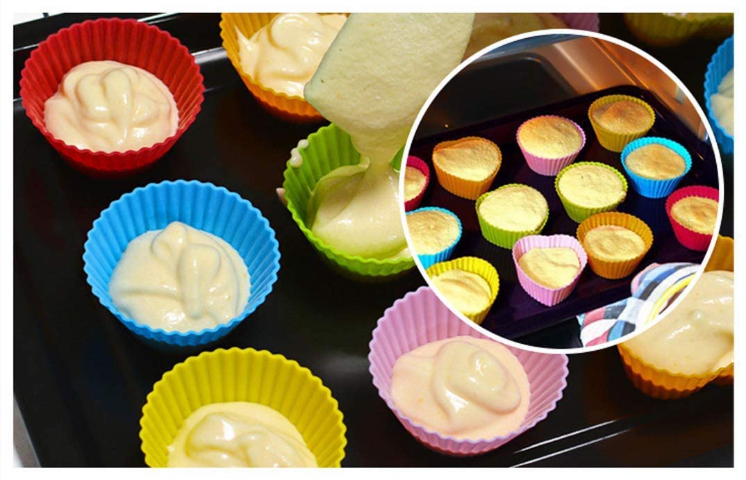 Reusable Silicone Cupcake Baking Cups 24 Pack, 2.75 Inch Cups, & Non-Stick Muffin Liners For Party Halloween Christmas,6 Rainbow