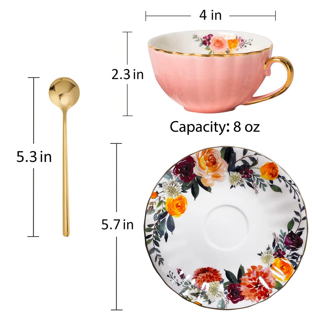 Oneustar Tea Cup And Saucer Set For 2 Porcelain Enghlish Tea Cup Floral Teacups Coffee Cup Latte Cup Mugs For Mother 'S Day Birt