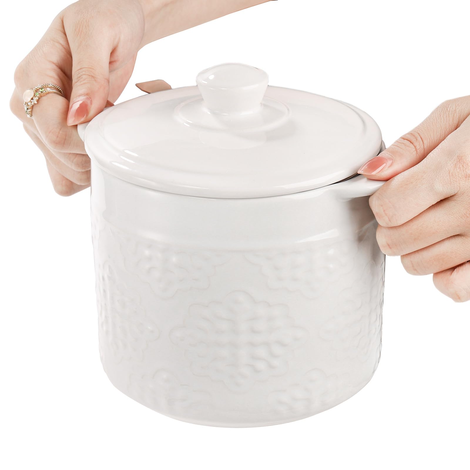 Lyellfe Ceramic Bacon Grease Container, 1.2L Oil Filter Pot, White, 6''D x 4.7''H, Ideal for Used Cooking Oil and Fat Frying
