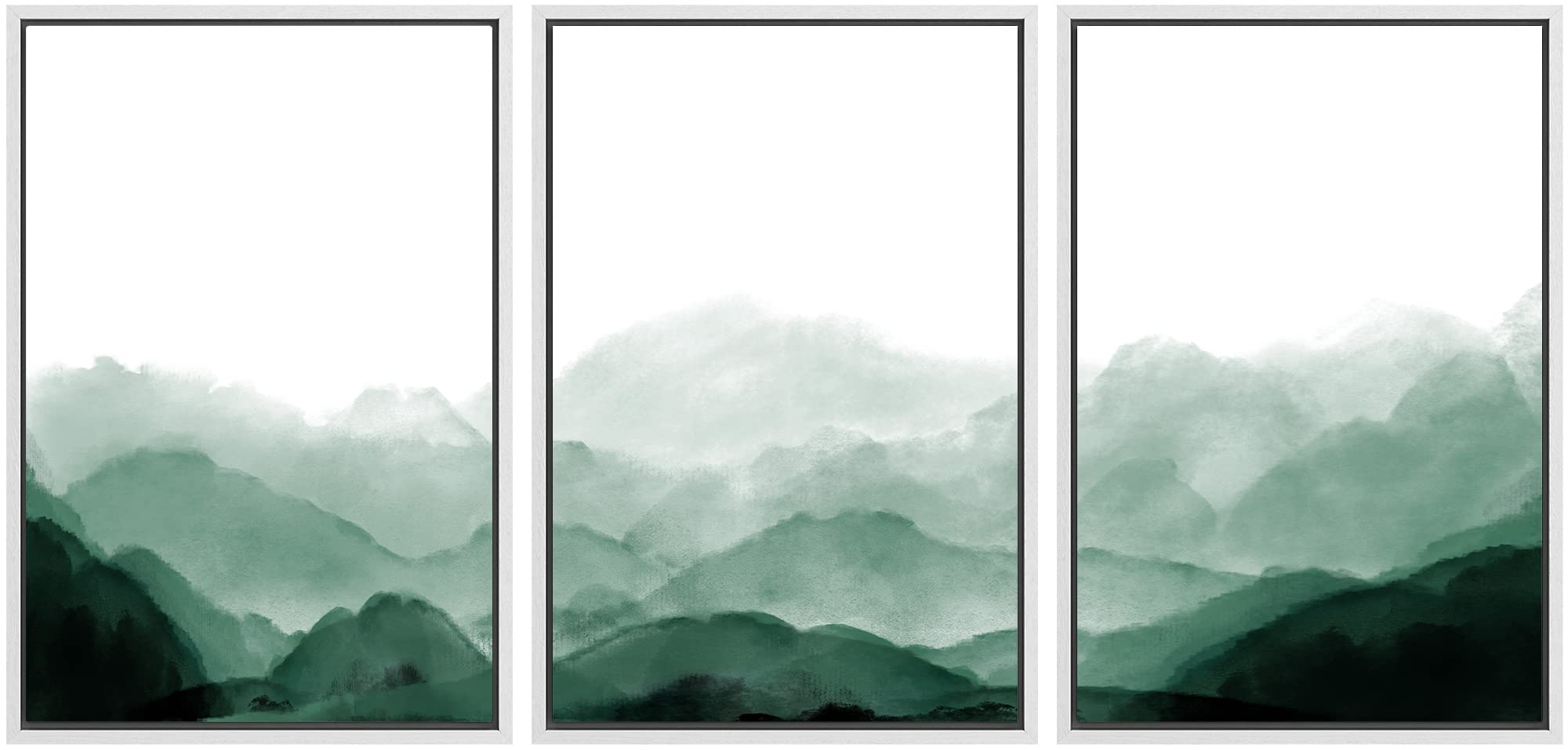 Signwin Framed Canvas Print Wall Art Green Watercolor Mountains In Fog Nature Wilderness Illustrations Modern Art Rustic Scenic