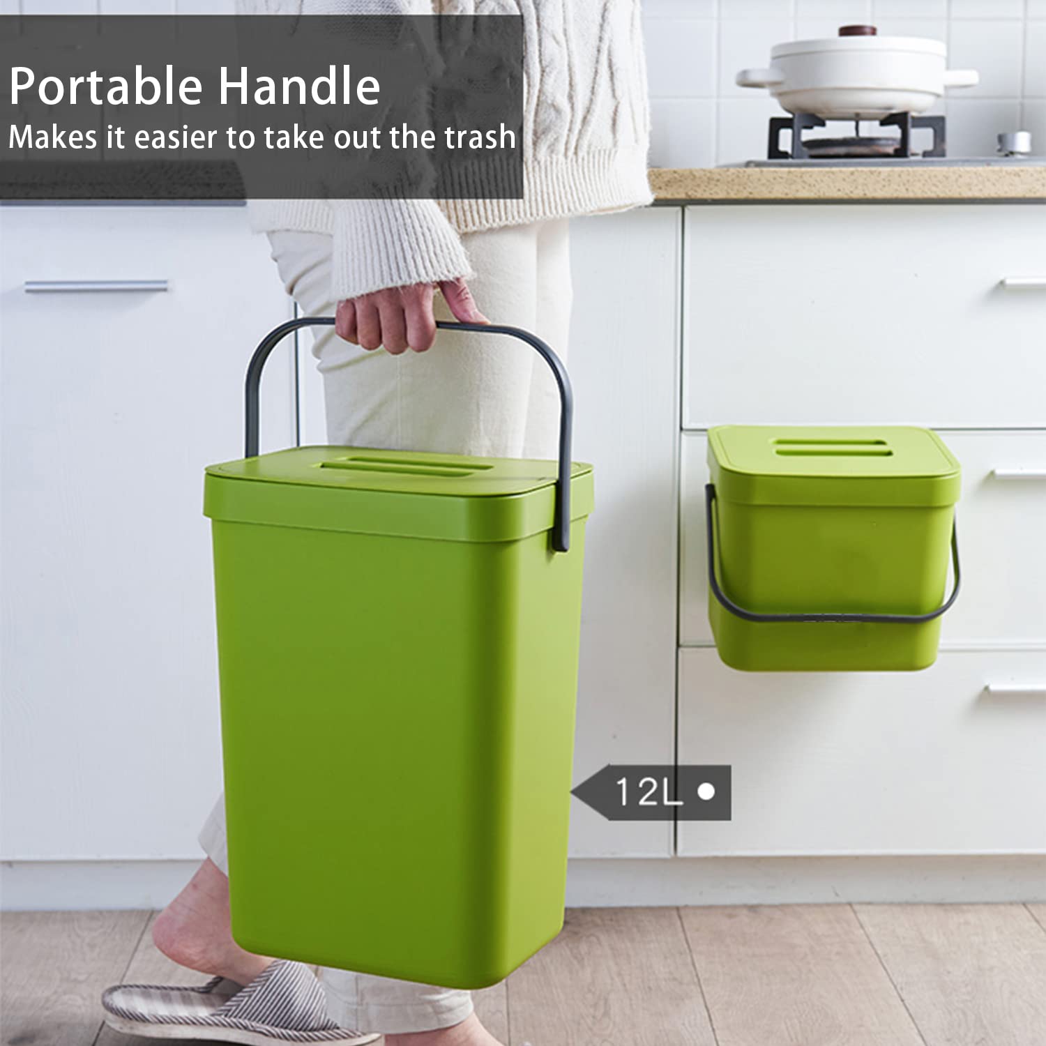 StoneSpace Small Trash Can with Lid Mountable Indoor Compost Bucket  Hanging Trash Can with Lid for Cupboard/Bathroom/Bedroom/Office/Camping  3.2 Gallon/12L Green