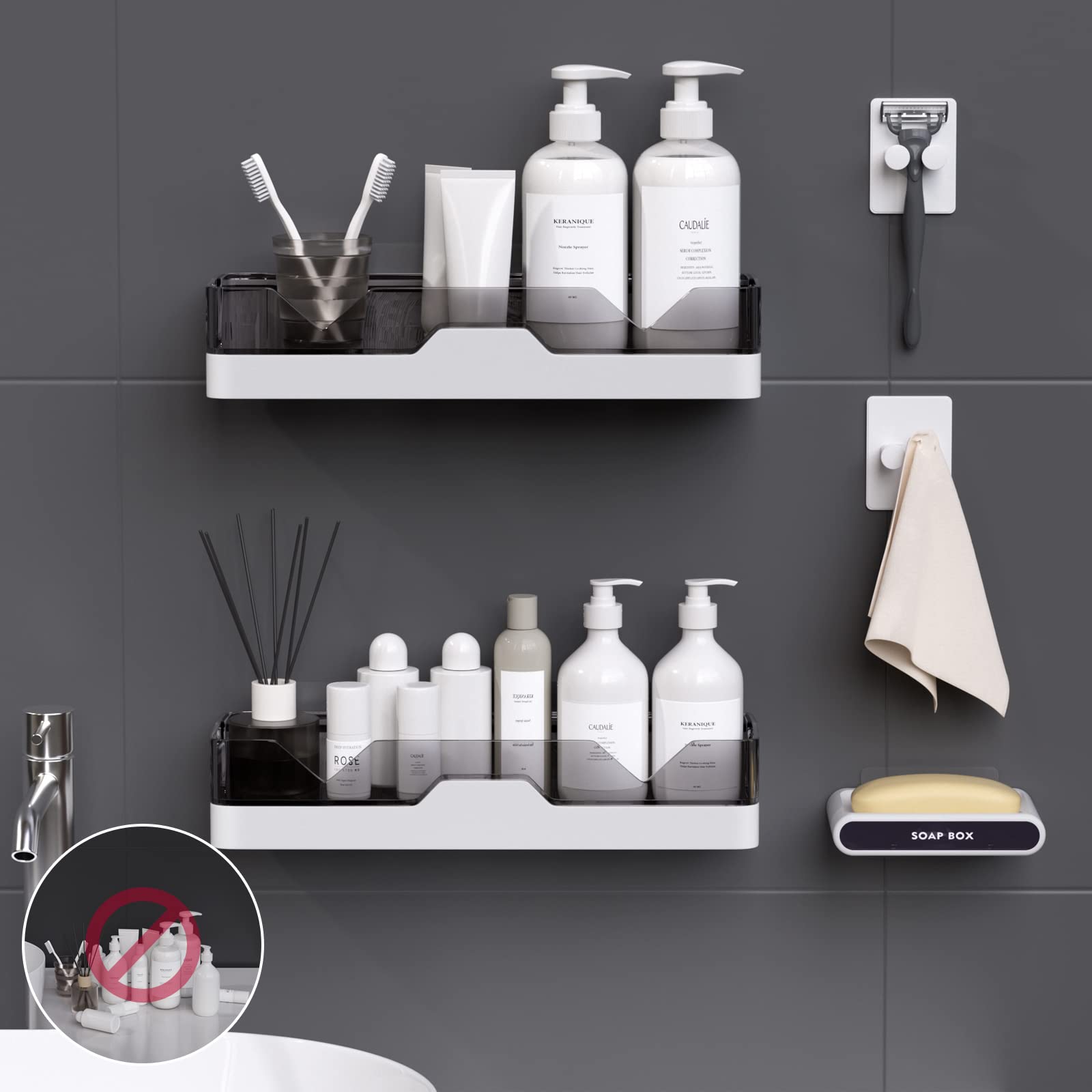 UIFER Shower Caddy 2-Pack, Adhesive Shelves with Soap Holder & Razor Hooks, Grey Plastic, No Drilling, Model SR-02