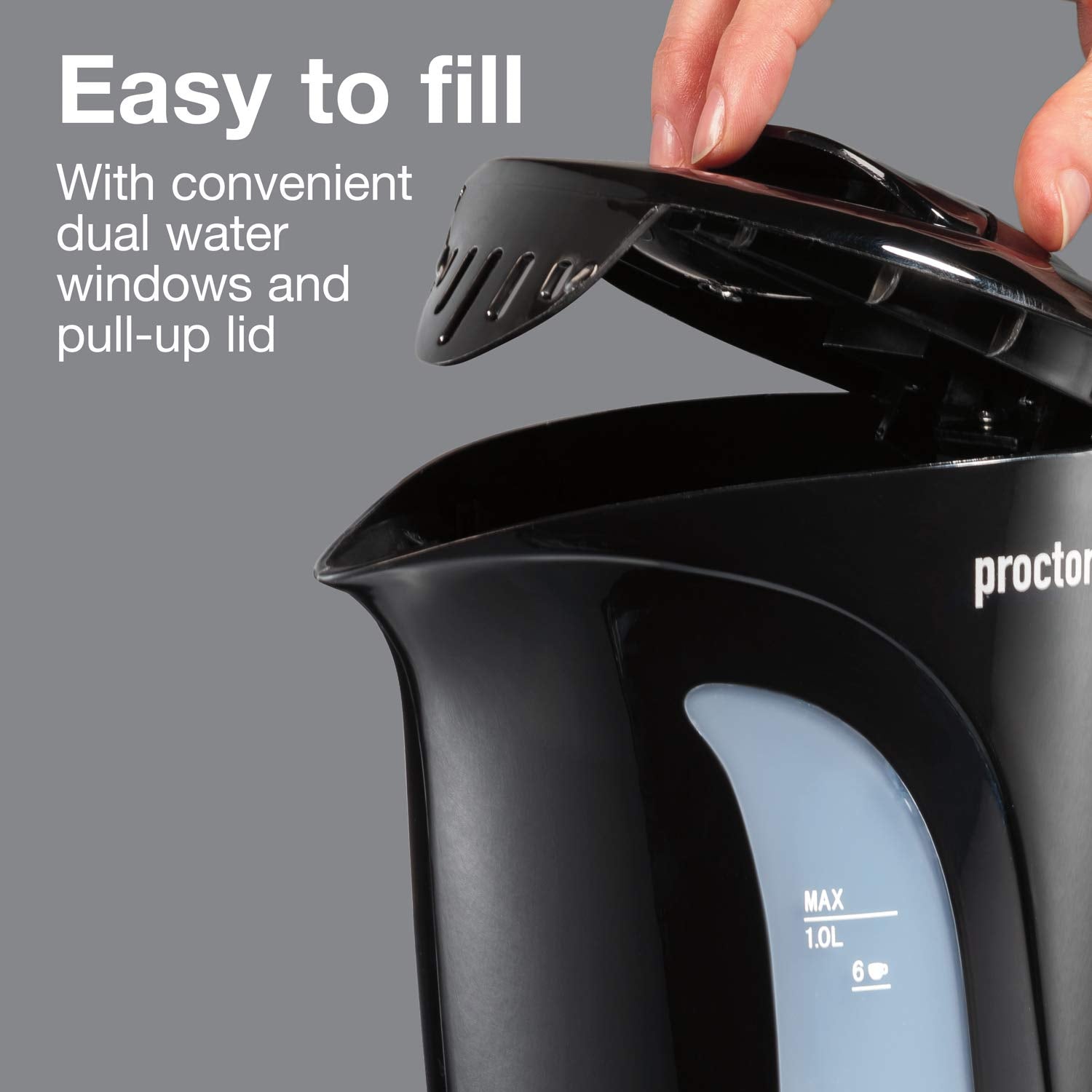 Proctor Silex Electric Tea Kettle, Water Boiler & Heater Auto-Shutoff & Boil-Dry Protection, 1000 Watts For Fast Boiling, 1 Lite