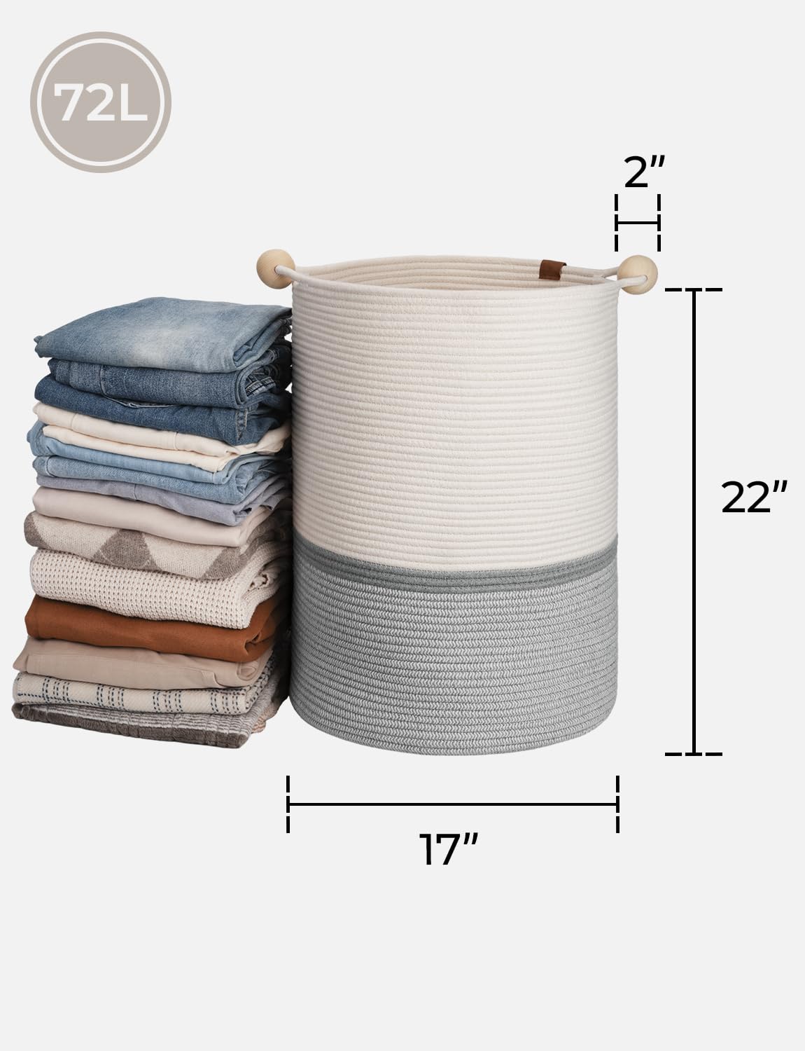 Storageworks 72L Cotton Rope Laundry Basket With Wooden Beads Handles, Woven Basket For Storage, Dirty Clothes, Kids Toys, Towel