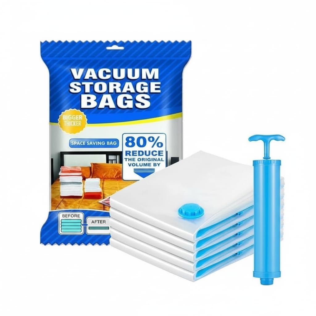 Swarivon Vacuum Storage Bags For Clothes With Hand Pump, Pack Of 5 (1 Jumbo, 2 Large, 2 Medium), Airtight Reusable Compression B