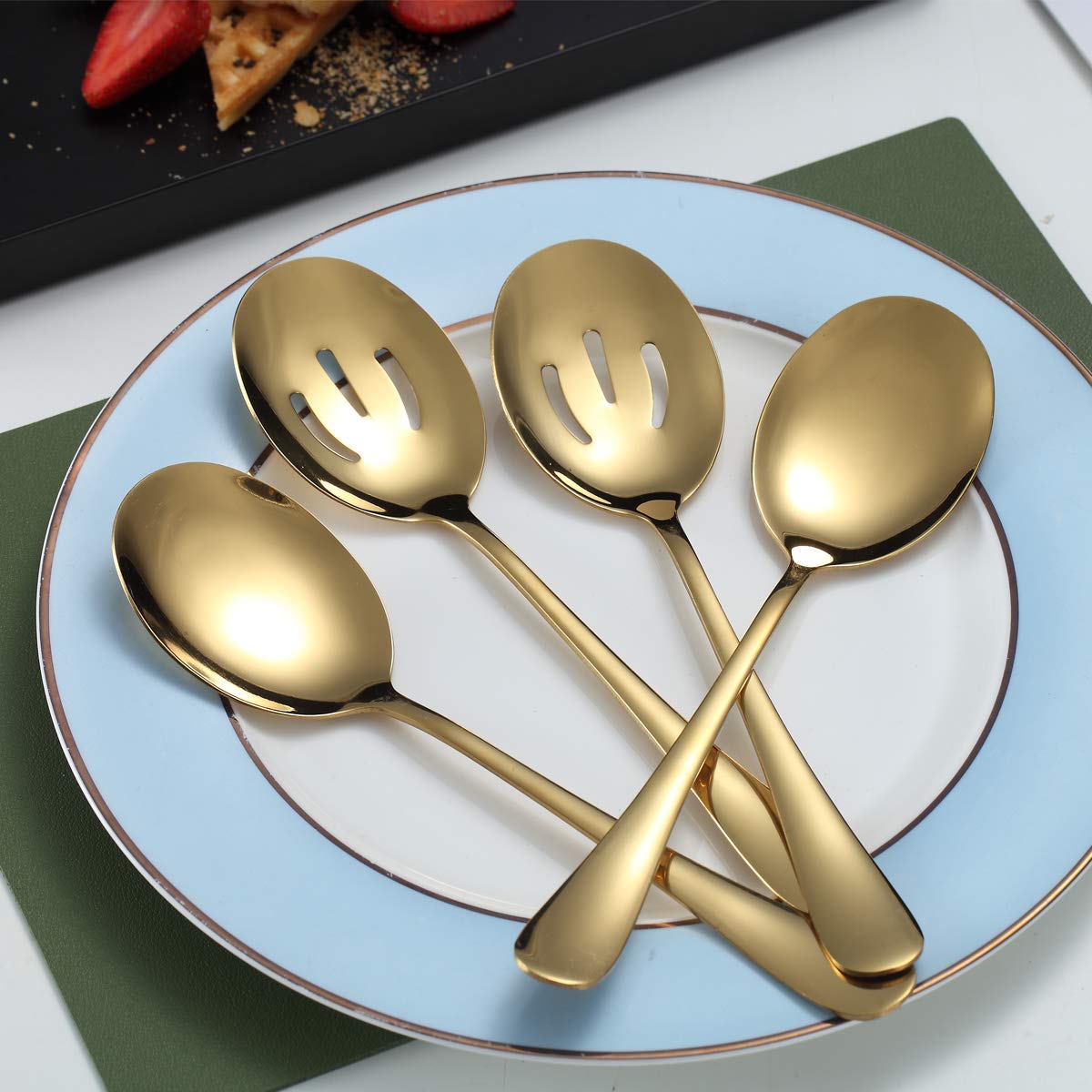 Gold Serving Spoons 4 Pieces, Kyraton Titanium Plating Serving Spoon, Include 2 Serving Spoon And 2 Slotted Spoons, Stainless St