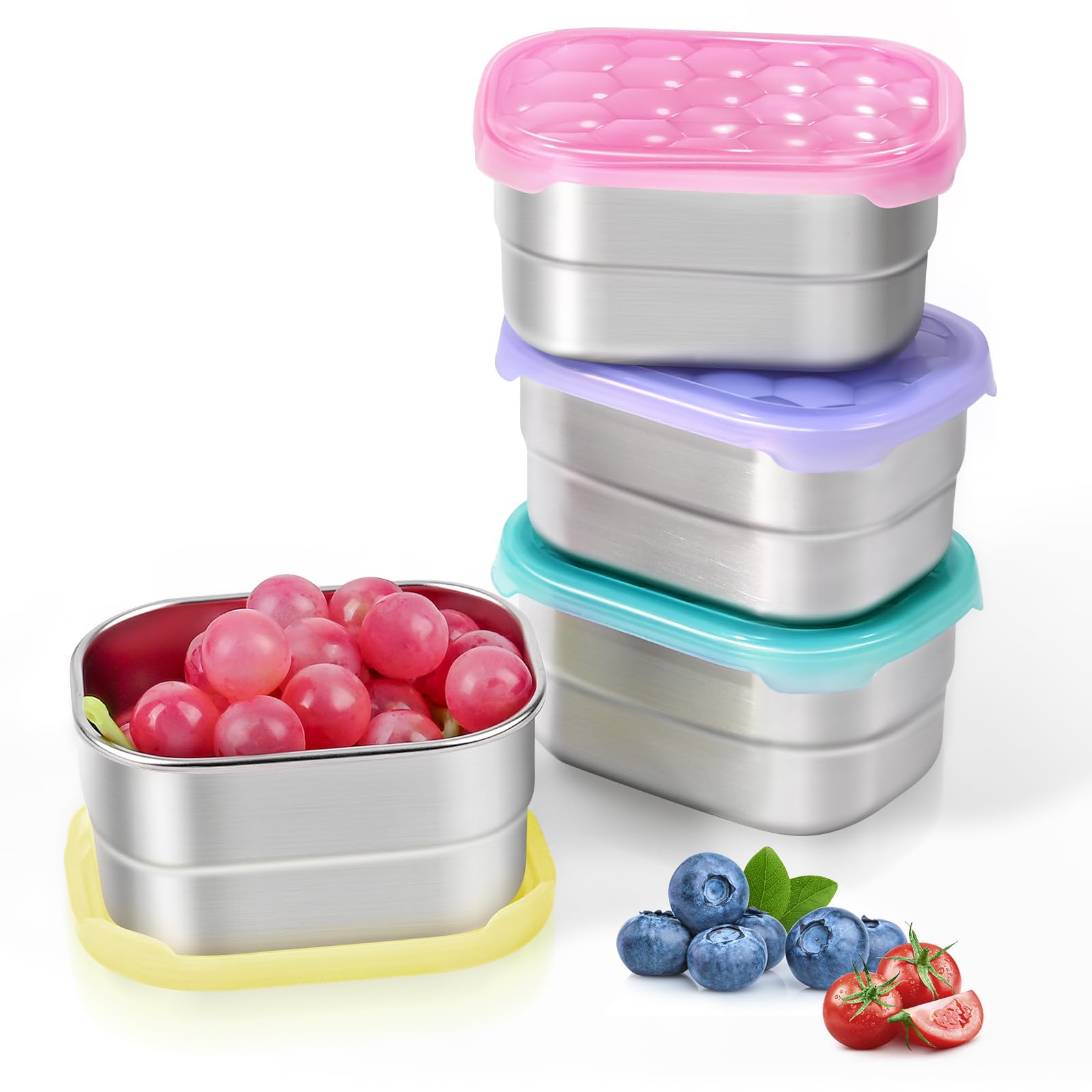 Tanjiae 4-Pack Stainless Steel Snack Containers For Kids And Toddlers | Easy Open Leak Proof Small Food Containers With Silicone