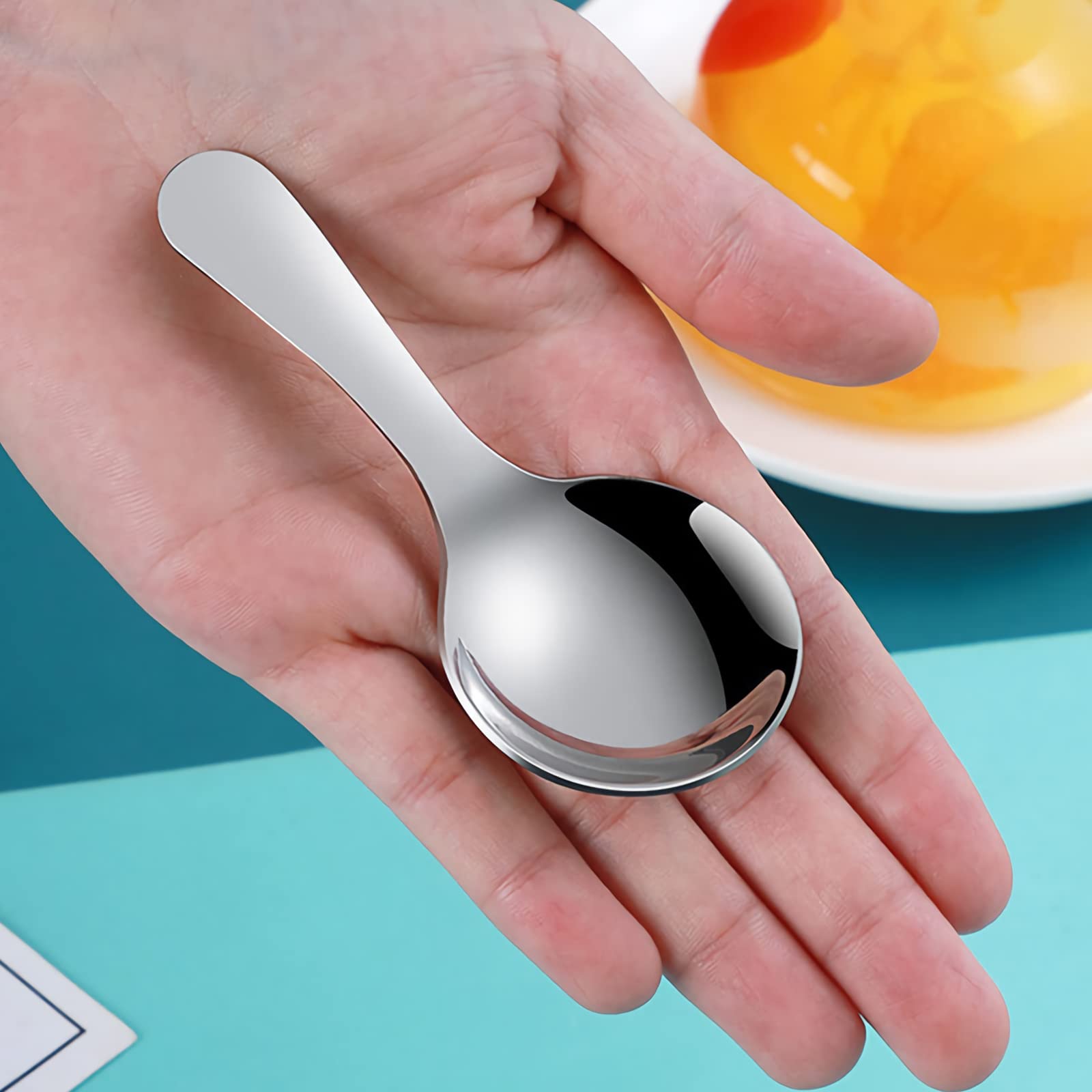 8Pcs Short Handle Spoons, Mini Stainless Steel Round Dessert Spoons, 3.62 * 1.77 Inch Salt Spoons Soup Spoons Tea Coffee Spoons