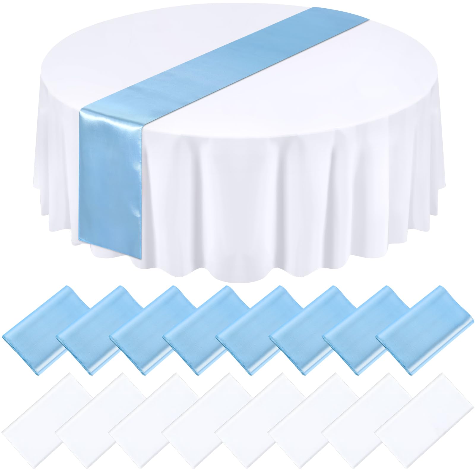 Tudomro 16 Pcs White and Light Blue Round Plastic Tablecloth and Satin Table Runner Set 84 Inch Round Covers 12 x 108 Inch Table